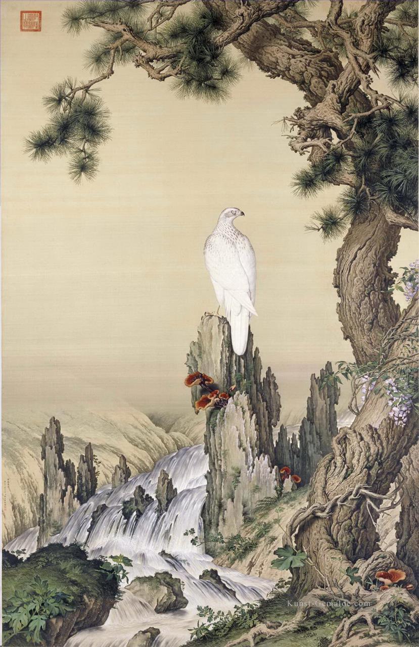 Lang glänzend weißer Vogel in der Nähe von Wasserfall alte China Tinte Giuseppe Castiglione Ölgemälde